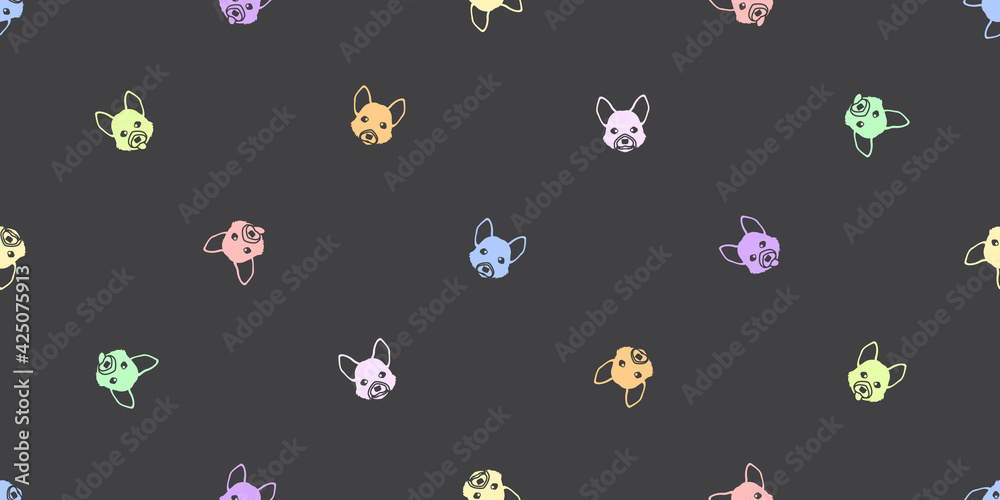 Dog seamless pattern, Colorful corgi on dark background.	