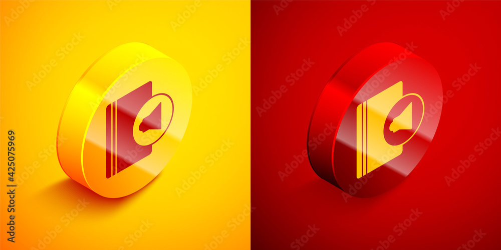 Isometric Audio book icon isolated on orange and red background. Book with headphones. Audio guide sign. Online learning concept. Circle button. Vector Isometric Audio book icon isolated on orange and red background. Book with headphones. Audio guide sign. Online learning concept. Circle button. Vector