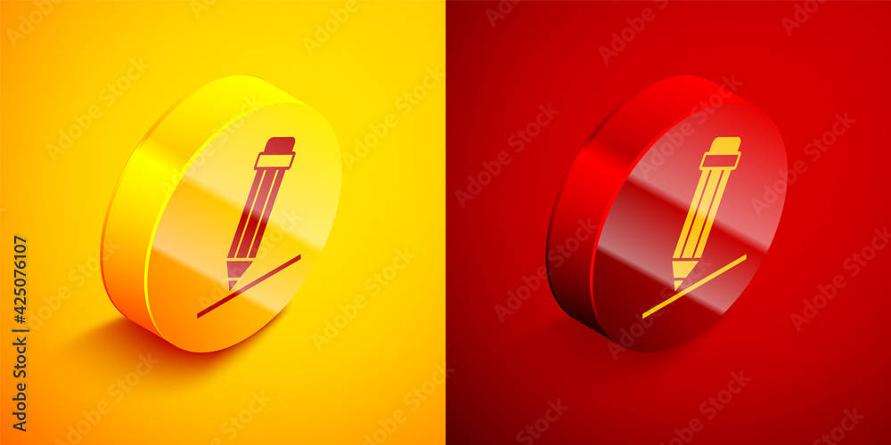 Isometric Pencil with eraser icon isolated on orange and red background. Drawing and educational tools. School office symbol. Circle button. Vector