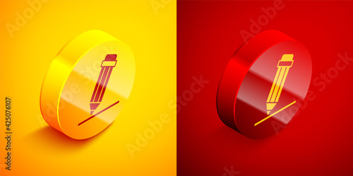 Isometric Pencil with eraser icon isolated on orange and red background. Drawing and educational tools. School office symbol. Circle button. Vector