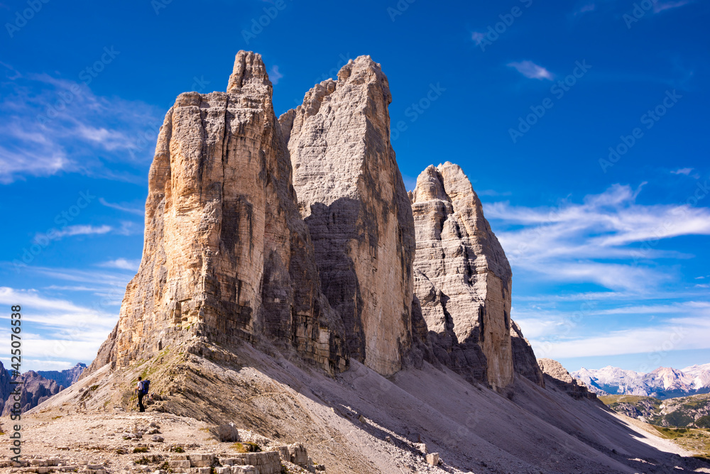 Tre cime di Lavaredo mountain peaks in Italy, a famous travel destination in Dolomite mountains Tre cime di Lavaredo mountain peaks in Italy, a famous travel destination in Dolomite mountains