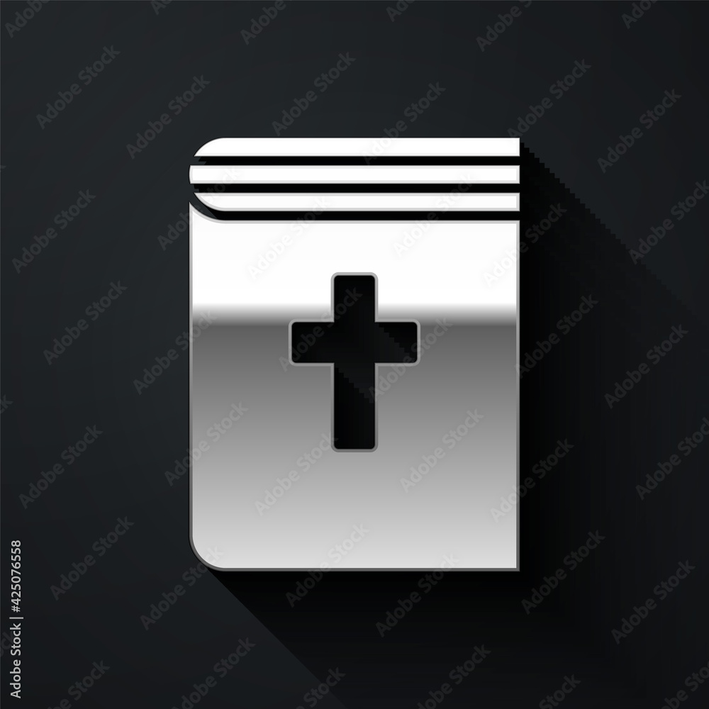 Fototapeta premium Silver Holy bible book icon isolated on black background. Long shadow style. Vector