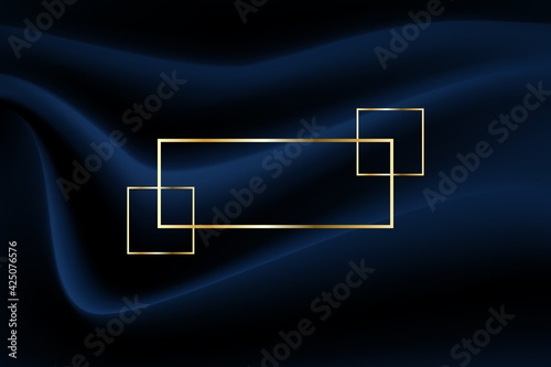 Luxury frame line rectangle golden border and overlapping decoration on crumpled fabric blue dark background. Vector illustration