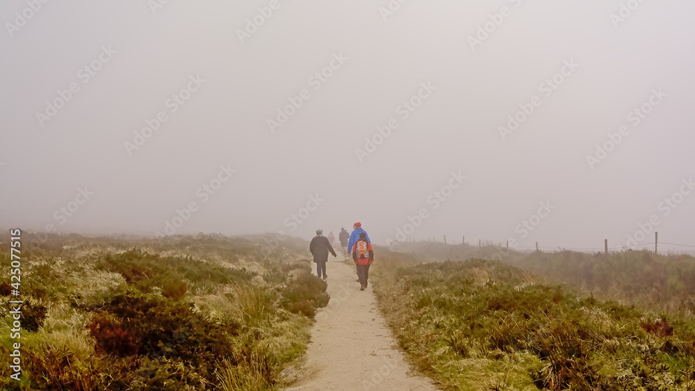 People hiking on a path on top off foggy Ticknock mountains with heath