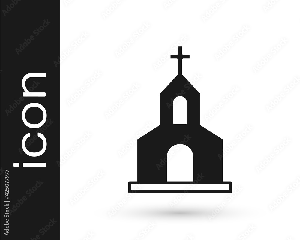 Black Church building icon isolated on white background. Christian Church. Religion of church. Vector