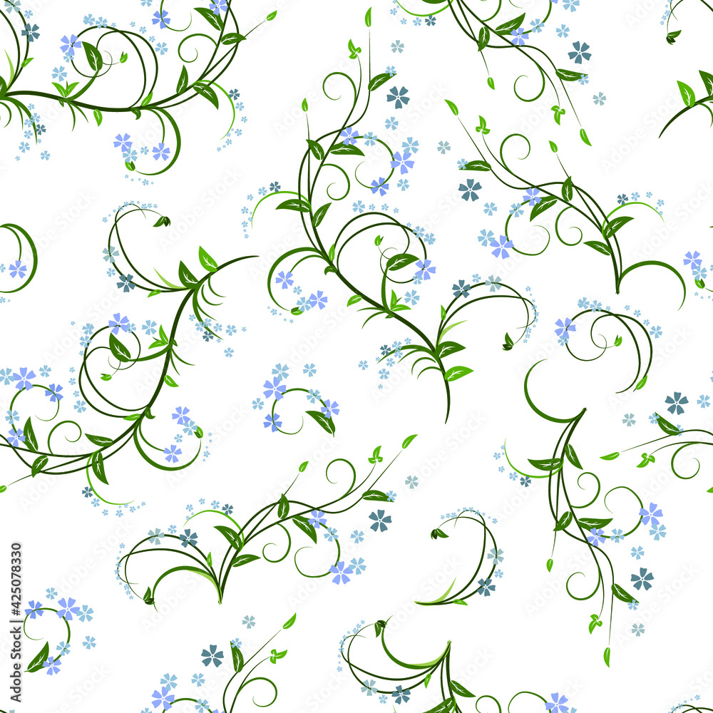 Seamless green and blue floral pattern on white background. Vector design.
