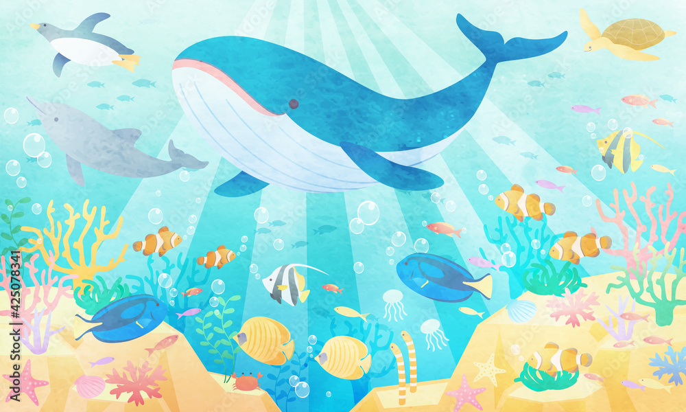 Fototapeta premium 夏の海でクジラやペンギンやイルカが泳いでいる水彩風のベクターイラスト背景(風景)