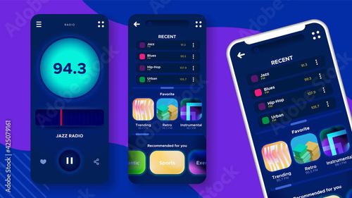 Radio player app interface. Ui/ux design