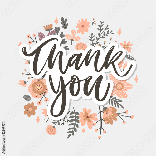 Cute Thank You Script Card Flowers Letter text