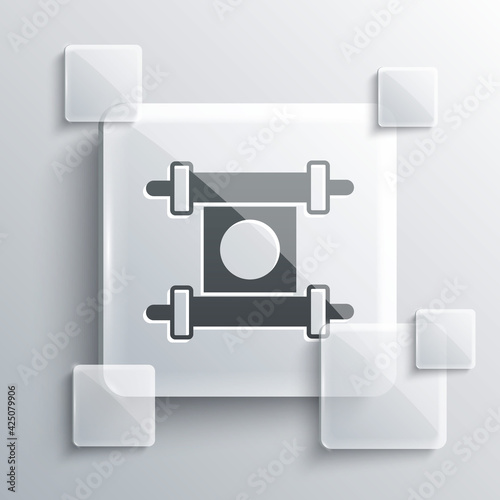 Grey Decree, paper, parchment, scroll icon icon isolated on grey background. Chinese scroll. Square glass panels. Vector