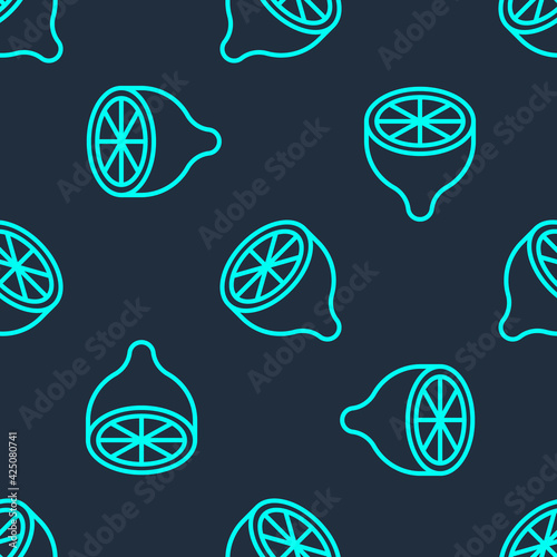 Green line Lemon icon isolated seamless pattern on blue background. Vector