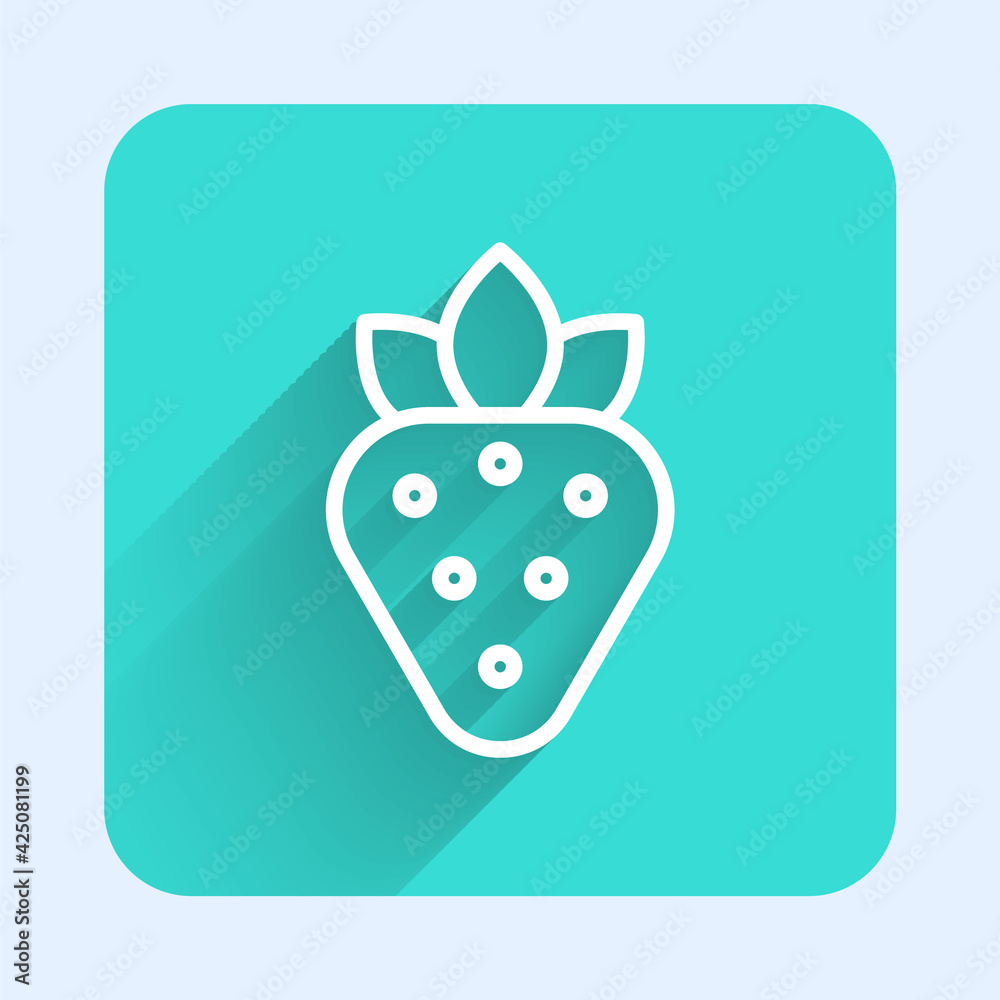 White line Strawberry icon isolated with long shadow. Green square button. Vector
