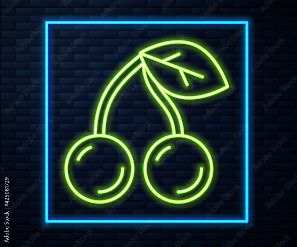 Glowing neon line Cherry icon isolated on brick wall background. Fruit with leaf symbol. Vector Glowing neon line Cherry icon isolated on brick wall background. Fruit with leaf symbol. Vector
