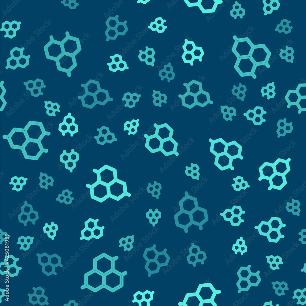 Fototapeta premium Green line Chemical formula icon isolated seamless pattern on blue background. Abstract hexagon for innovation medicine, health, research and science. Vector
