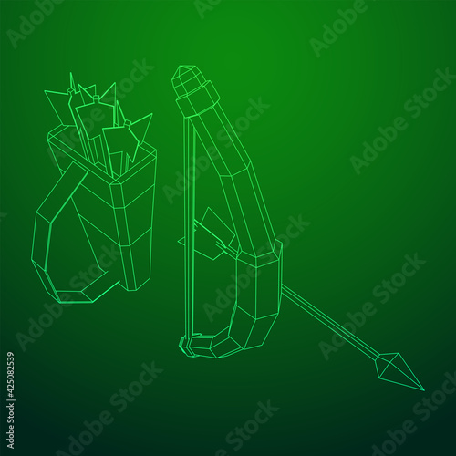 Medieval Bow and arrow archer weapon. Wireframe low poly mesh vector illustration.