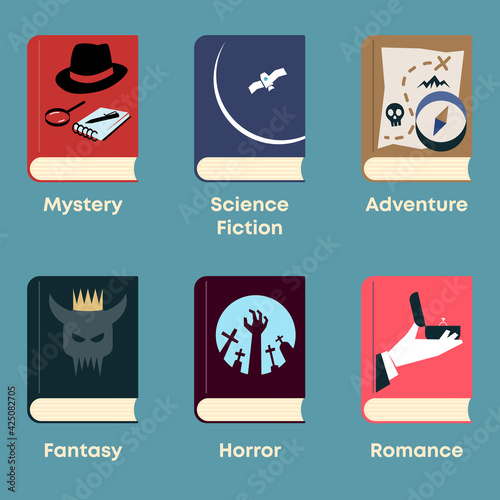 List of fiction genres. Set of books with themed covers: mystery, science fiction, adventure, fantasy, horror, romance.