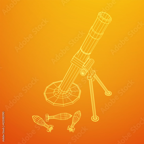 Firearm weapon army mortar and mine. Wireframe low poly mesh vector illustration