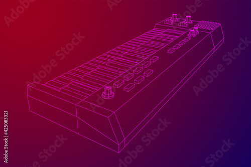 Piano roll analog synthesizer faders buttons knobs. Wireframe low poly mesh vector illustration.