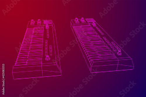 Piano roll analog synthesizer faders buttons knobs. Wireframe low poly mesh vector illustration.