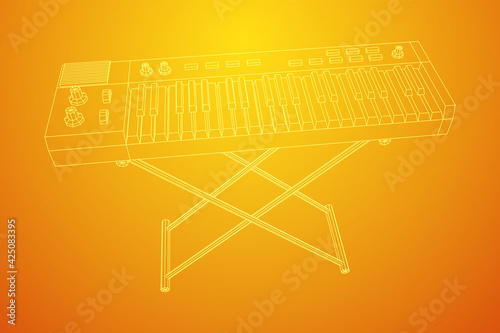 Piano roll analog synthesizer faders buttons knobs. Wireframe low poly mesh vector illustration.