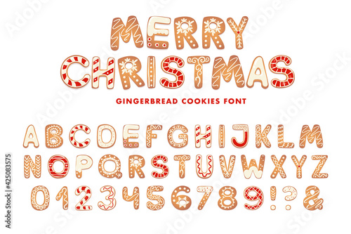 Christmas gingerbread cookies alphabet. Biscuit letters for xmas messages and design. Vector figures with sugar decorations.