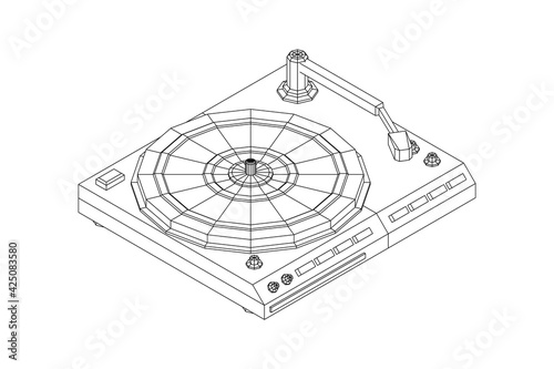 Vinyl turntable audio device. Wireframe low poly mesh vector illustration.