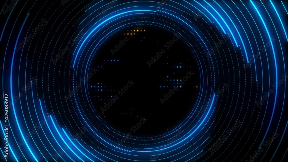 Abstract technology background with rotating blue glowing neon circles with dashed lines and flashing amber and blue data lights. Full HD and a seamless loop.