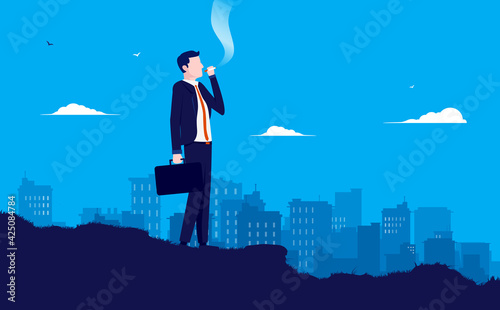 Businessman on smoke break - Vector illustration of man smoking outdoors with city in background. Waiting and break time concept. Vector illustration.