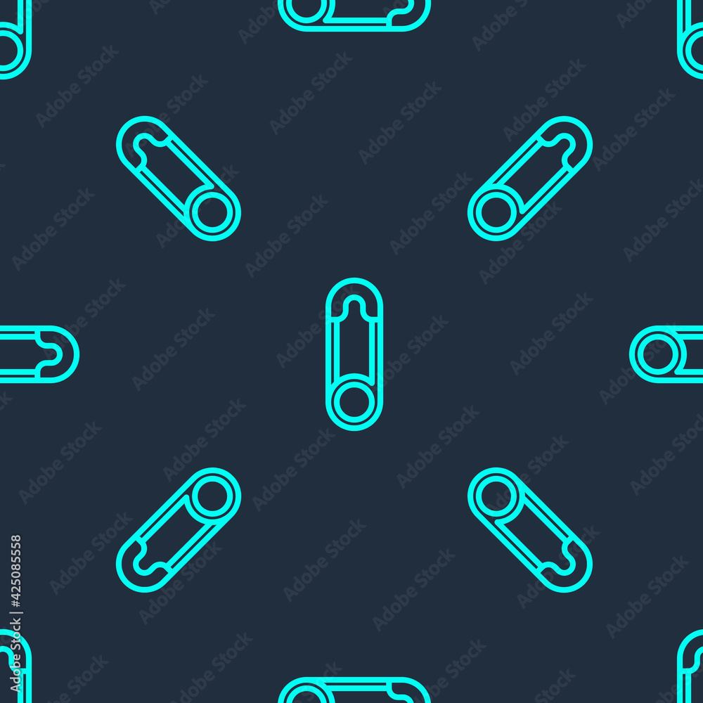 Green line Classic closed steel safety pin icon isolated seamless pattern on blue background. Vector Green line Classic closed steel safety pin icon isolated seamless pattern on blue background. Vector