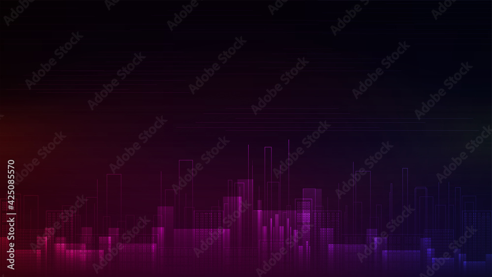 Cityscape in digital line style in pink and blue colors. Background with silhouette of city of future Cityscape in digital line style in pink and blue colors. Background with silhouette of city of future