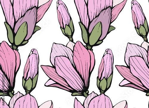 Seamless pattern with hand drawn magnolia flower. Vector illustration. Botanical pattern for textiles and wallpapers