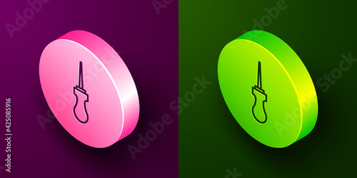 Isometric line Awl tool with wooden handle icon isolated on purple and green background. Work equipment tailor industry. Circle button. Vector