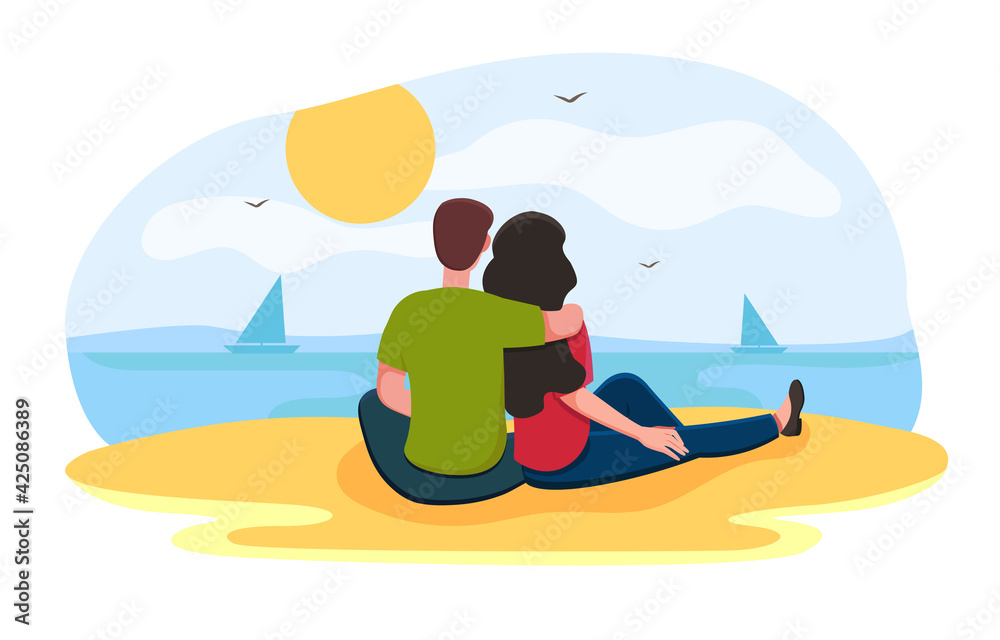 Obraz premium Lovers sitting on sand beach and admire the sunset