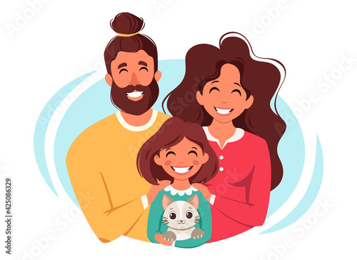 Happy family with daughter and cat. International Day of families. Vector illustration