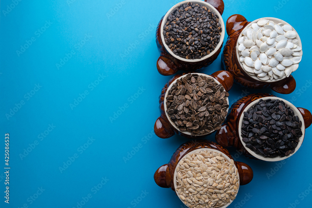 Watermelon seeds.Various varieties of watermelon seeds on a blue background Watermelon seeds.Various varieties of watermelon seeds on a blue background