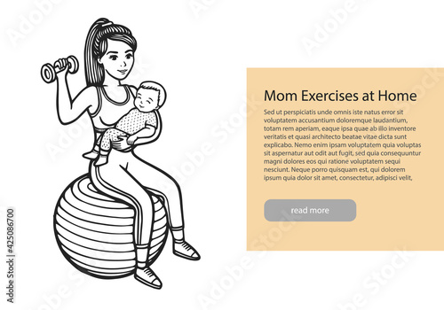 Hand drawn line illustration of baby with baby go in for sports. Stock vector illustration. Fitness for mom and baby. Mom Exercises at Home. Physical Activity Advice for New Moms.