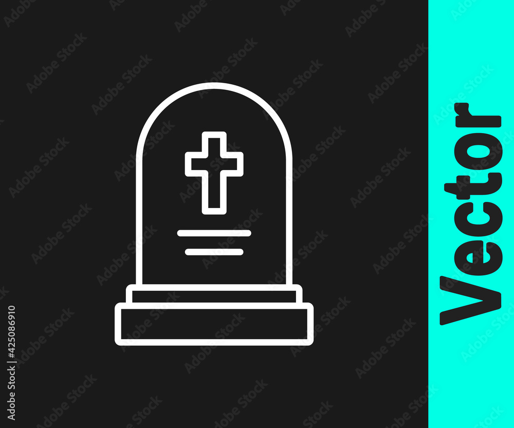 White line Grave with tombstone icon isolated on black background. Vector White line Grave with tombstone icon isolated on black background. Vector