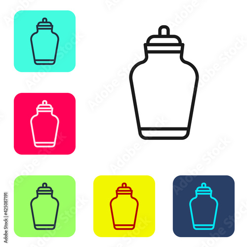 Black line Funeral urn icon isolated on white background. Cremation and burial containers, columbarium vases, jars and pots with ashes. Set icons in color square buttons. Vector
