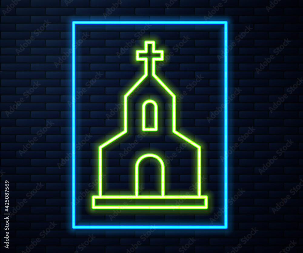 Glowing neon line Church building icon isolated on brick wall background. Christian Church. Religion of church. Vector Glowing neon line Church building icon isolated on brick wall background. Christian Church. Religion of church. Vector