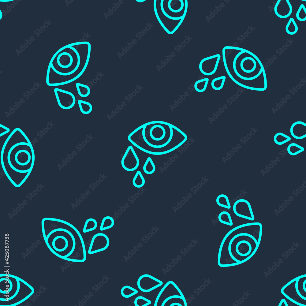Green line Tear cry eye icon isolated seamless pattern on blue background. Vector