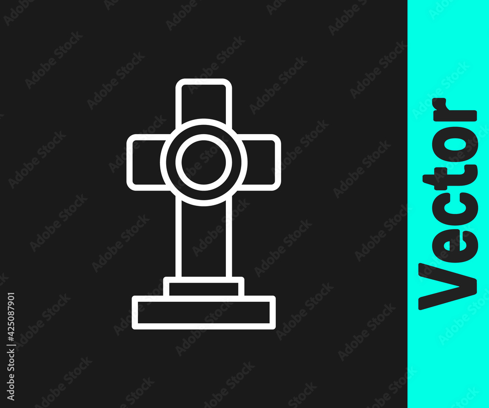 White line Grave with cross icon isolated on black background. Vector