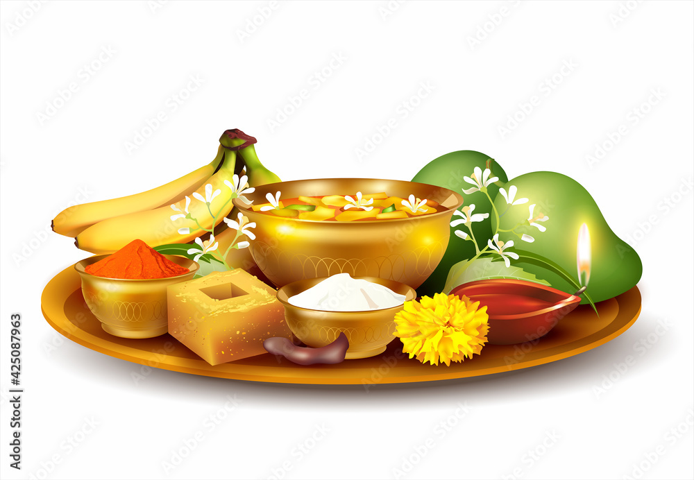 Thali (tray) with traditional food pachadi with all flavors for Indian