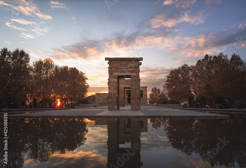 Sunset at Madrid's Temple of Debod with a beautiful reflection in the water