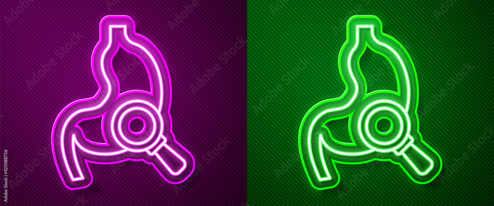 Fototapeta premium Glowing neon line Human stomach with magnifying glass icon isolated on purple and green background. Vector