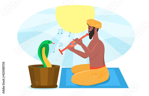 Snake charmer playing pipe flute for dancing cobra