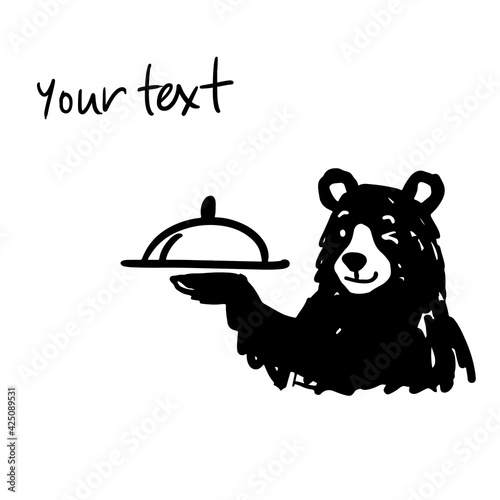 The waiter bear is holding the dish. 
