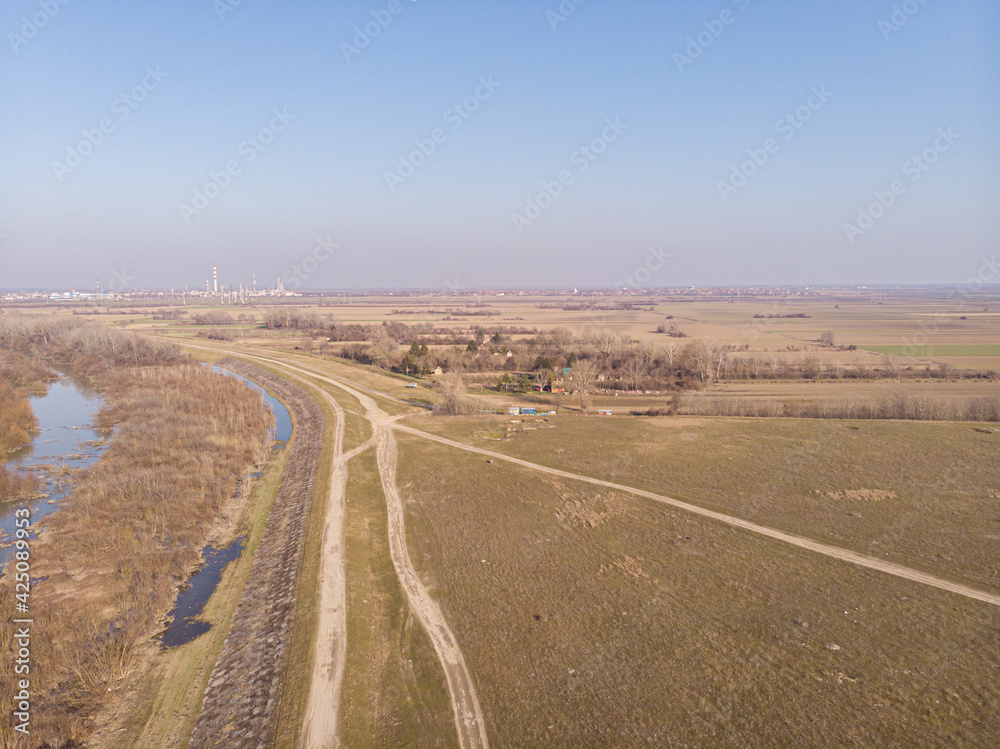 Aerial view of Danube river in Serbia. Beautiful nature image of Danube river