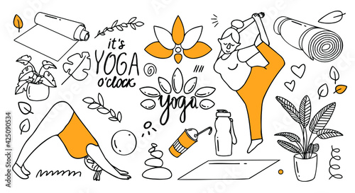 Vector set of illustrations with yoga for overweight ladies. Yoga poses and sports equipment.