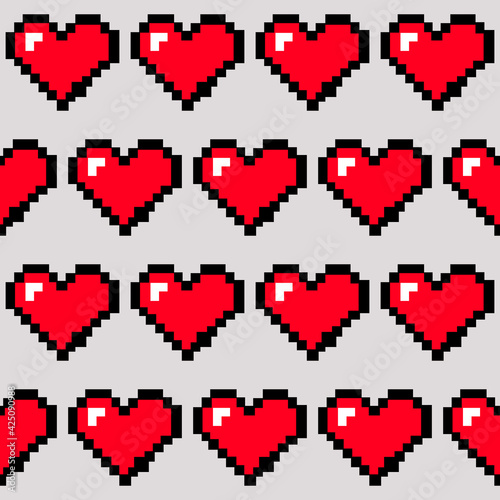 Pixel Hearts Pattern. Seamless Red Pixelated Pattern. Vector Red Heart Ornament.