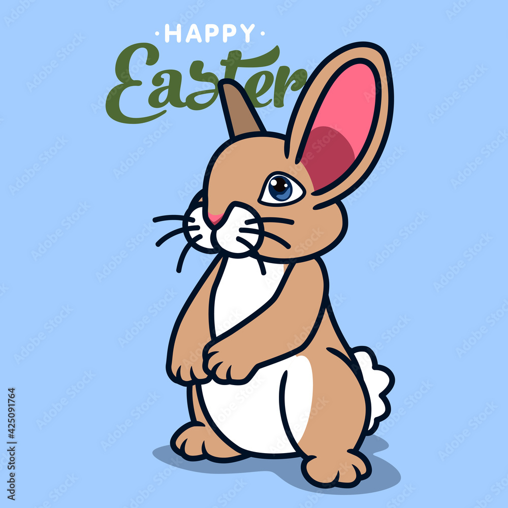 Obraz premium A cute brown rabbit with paws on its stomach stands in full growth. Back lettering Happy Easter.